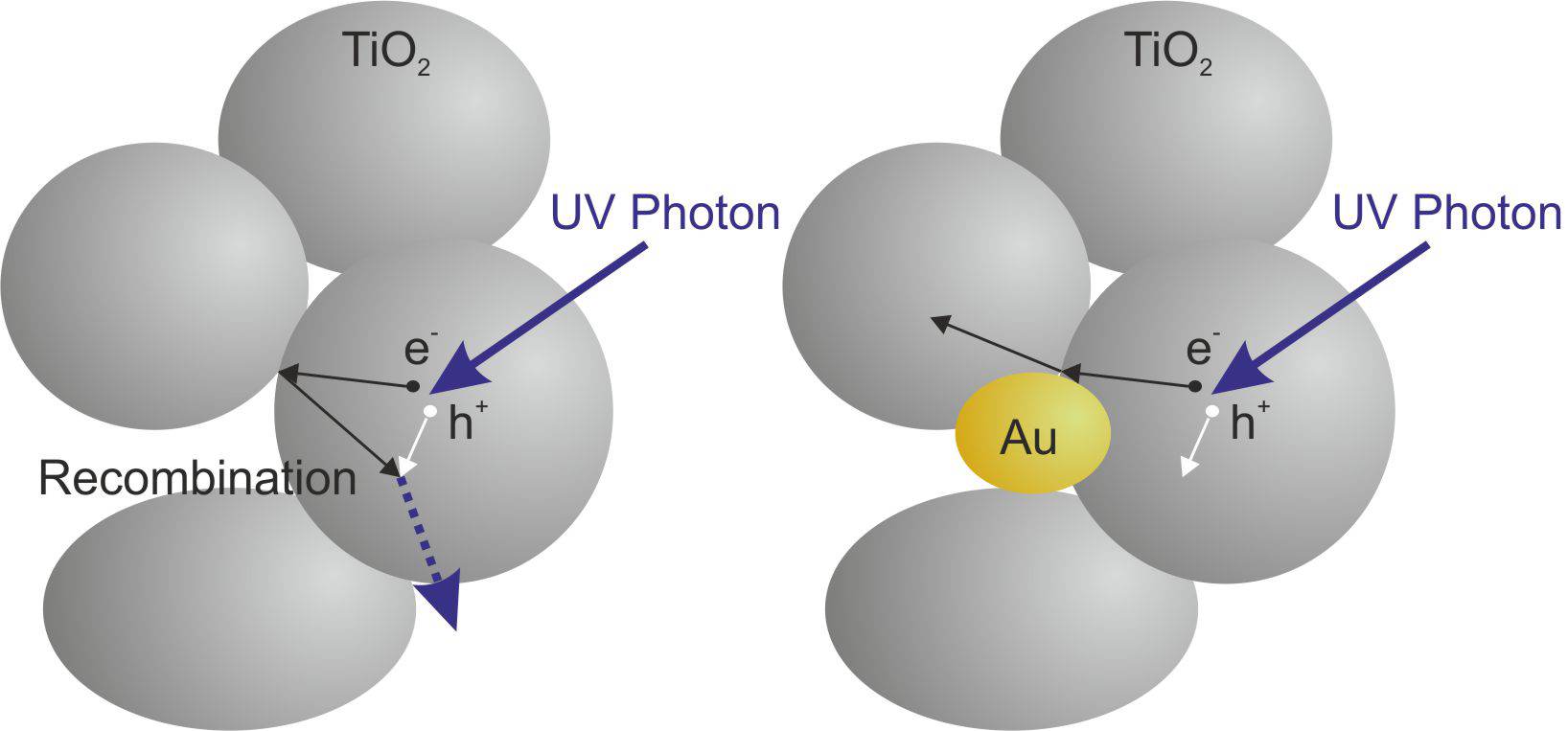 Enlarged view: Enhanced charge separation in Au:TiO2 nanoparticles